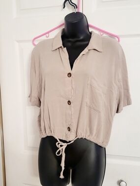 Moa Moa Beige Short Sleeve Button Front Crop Top Xl Rayon Minimalist Boho